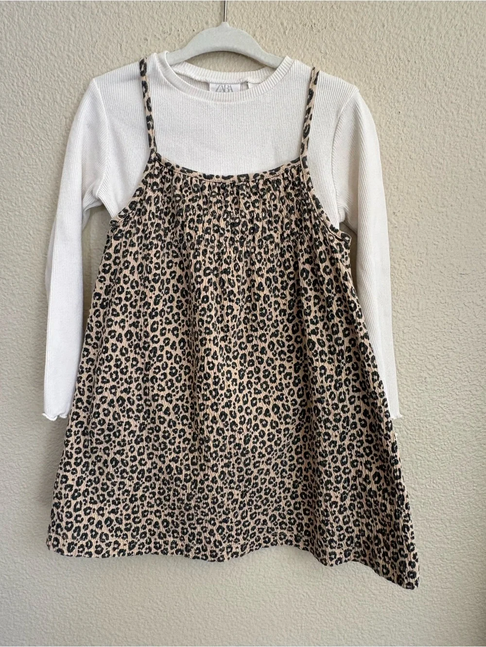 Zara Contrast T-shirt Leopard Print Slip Dress with White Long-Sleeve Top